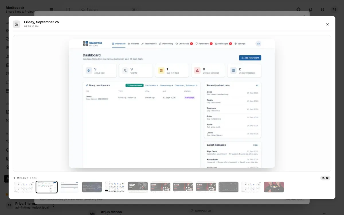 Work screenshots: periodic captures from the desktop app, with a timeline for the day.