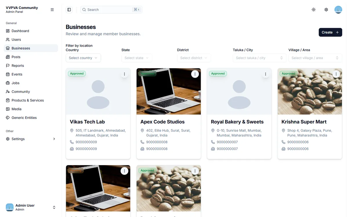 Business directory: members' shops and services, searchable down to city and village.