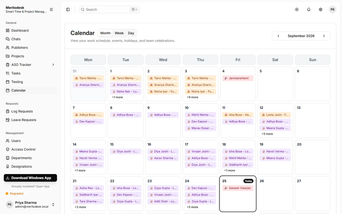 Team calendar: holidays, leave, birthdays and work anniversaries in one view.