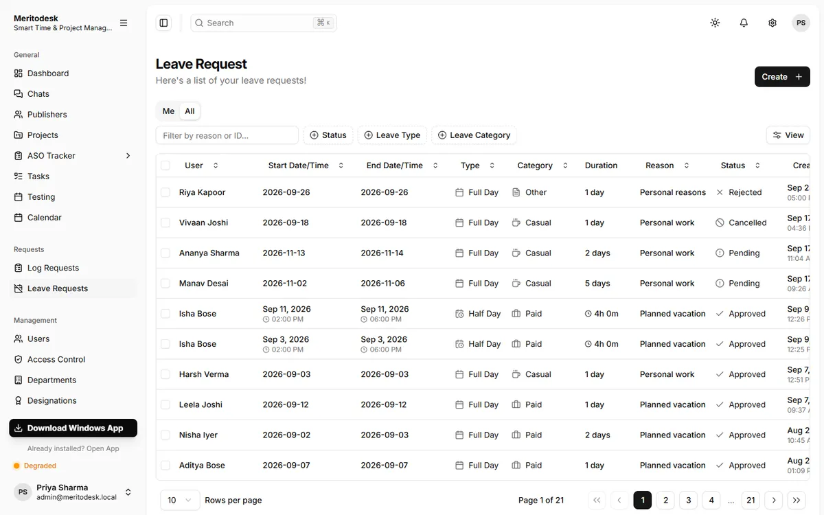 Leave requests: full-day, half-day or hourly leave, approved or declined by HR.