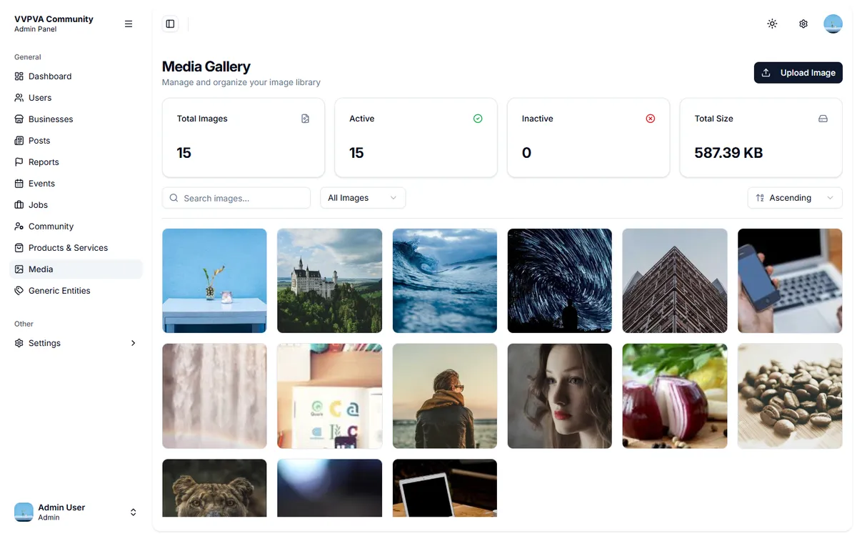 Media library: every photo uploaded to the app, in one place.