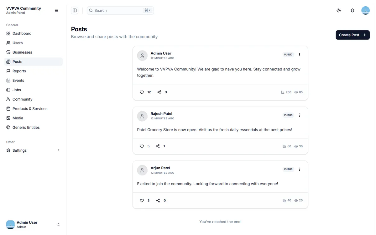 Community feed: members' posts, with likes and views.