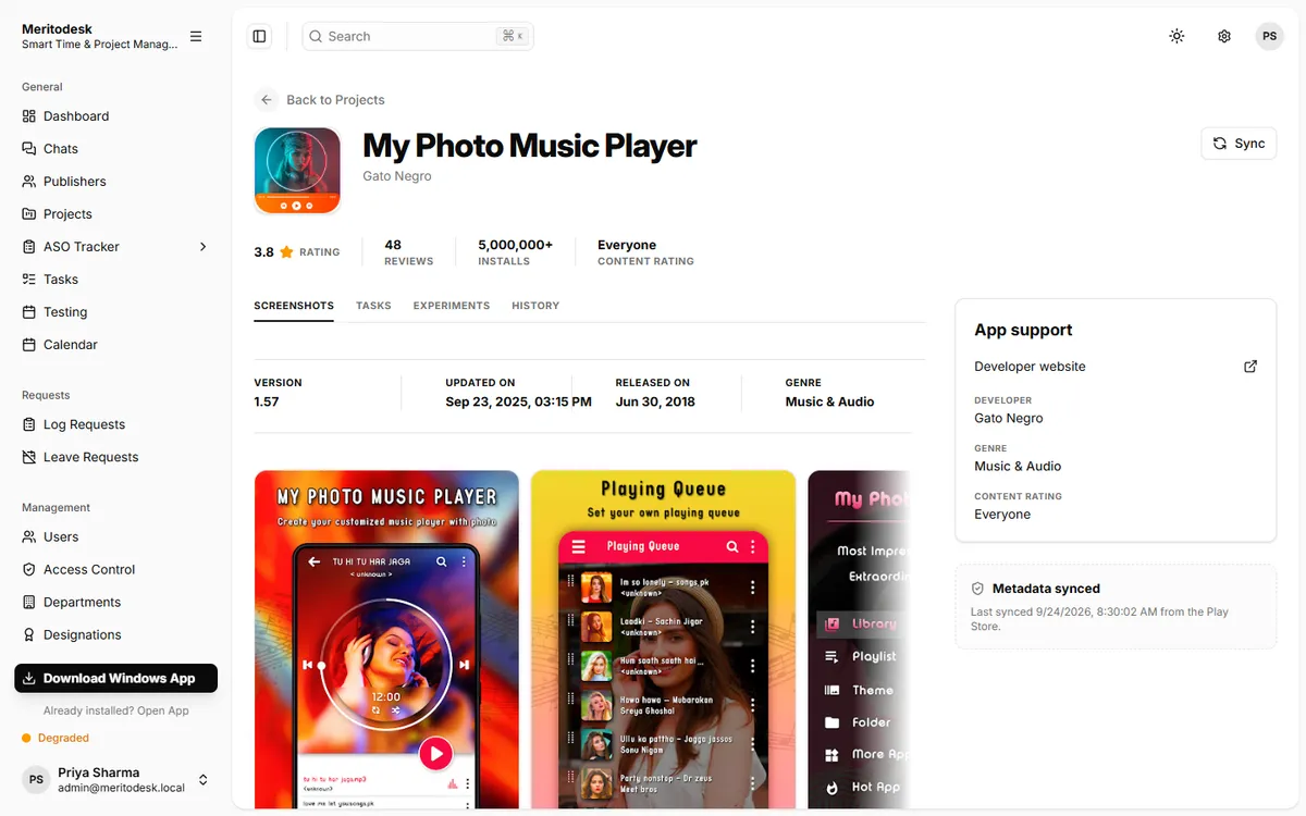 App page: the store listing, screenshots and release history for one app, with its tasks alongside.