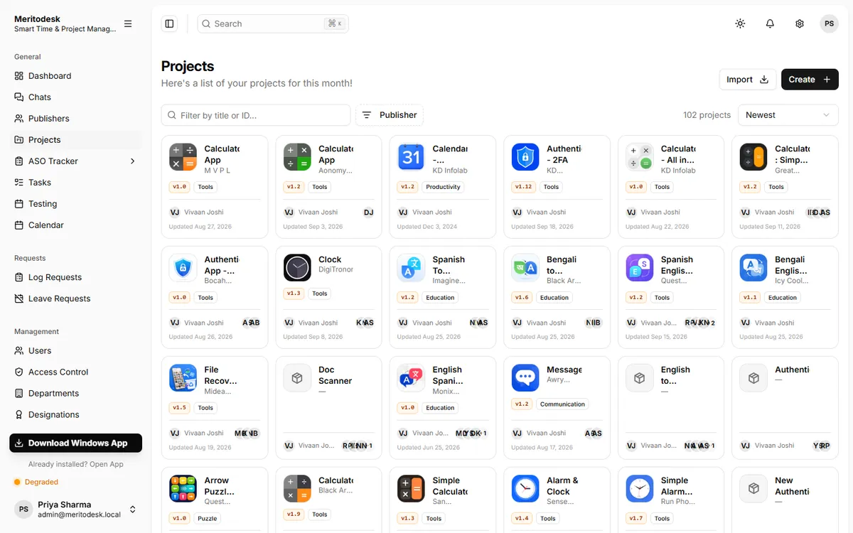 Projects: every app the studio publishes, with its Play Store icon, version, rating and installs kept up to date automatically.
