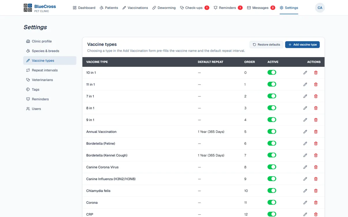 Settings: vaccine types, breeds, vets, message wording and staff accounts.